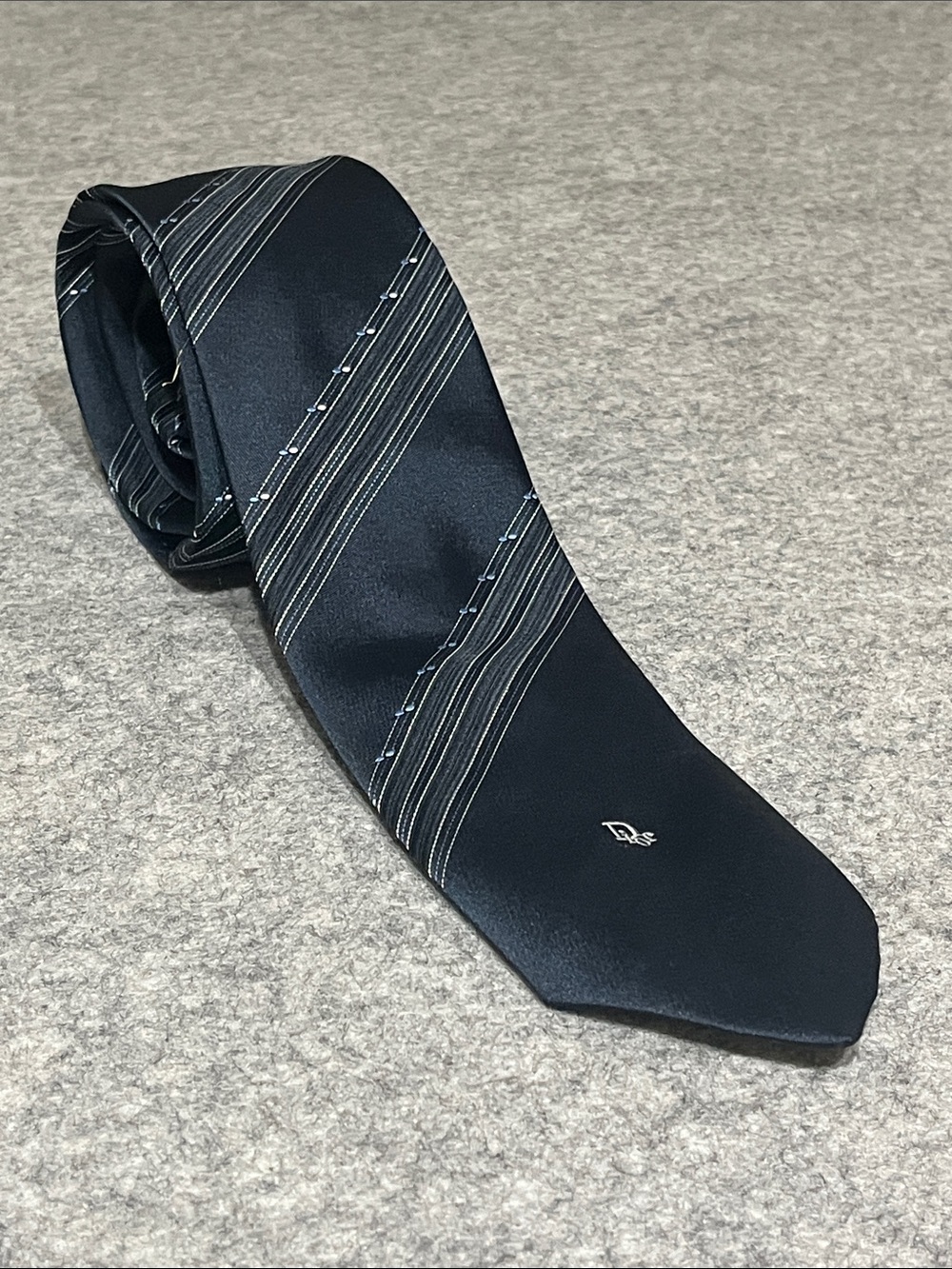 Vintage Dior Navy Tie with Silver and Light Blue Diagonal Stripes